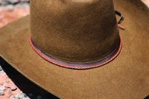 A brown Beaver Fur cowboy hat sits on top of a log.