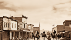 A group of cowboys riding horses down an old west street.