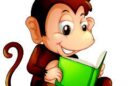 Cartoon monkey reading a book.