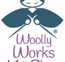 Logo of woolly works knit shop featuring a stylized illustration of a person with knitting needles.