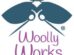 Logo of woolly works knit shop featuring a stylized illustration of a person with knitting needles.