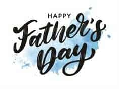 Handwritten text saying "Happy Father's Day" with a watercolor blue background.