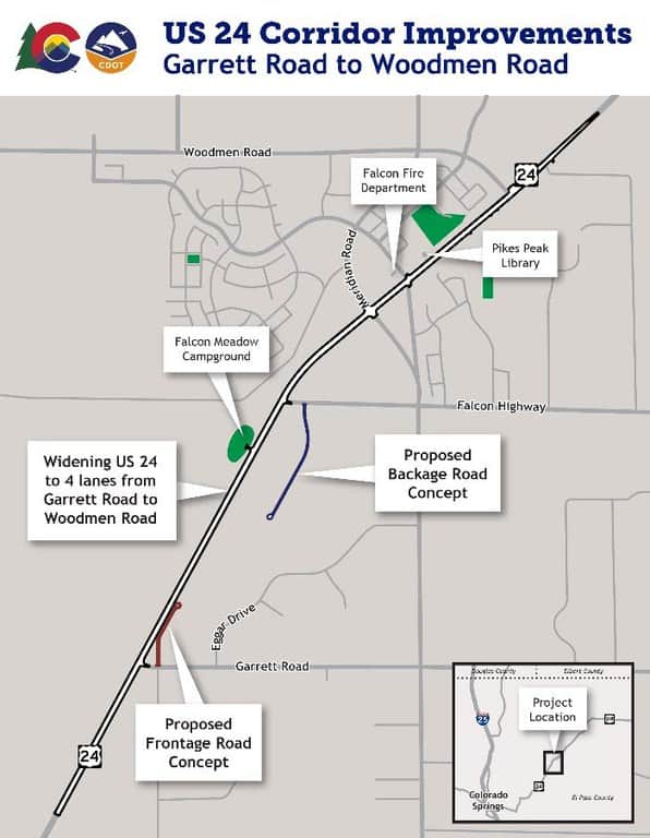 Map showing proposed improvements to us 24 near woodmen road, including road widening to 4 lanes and other enhancements.