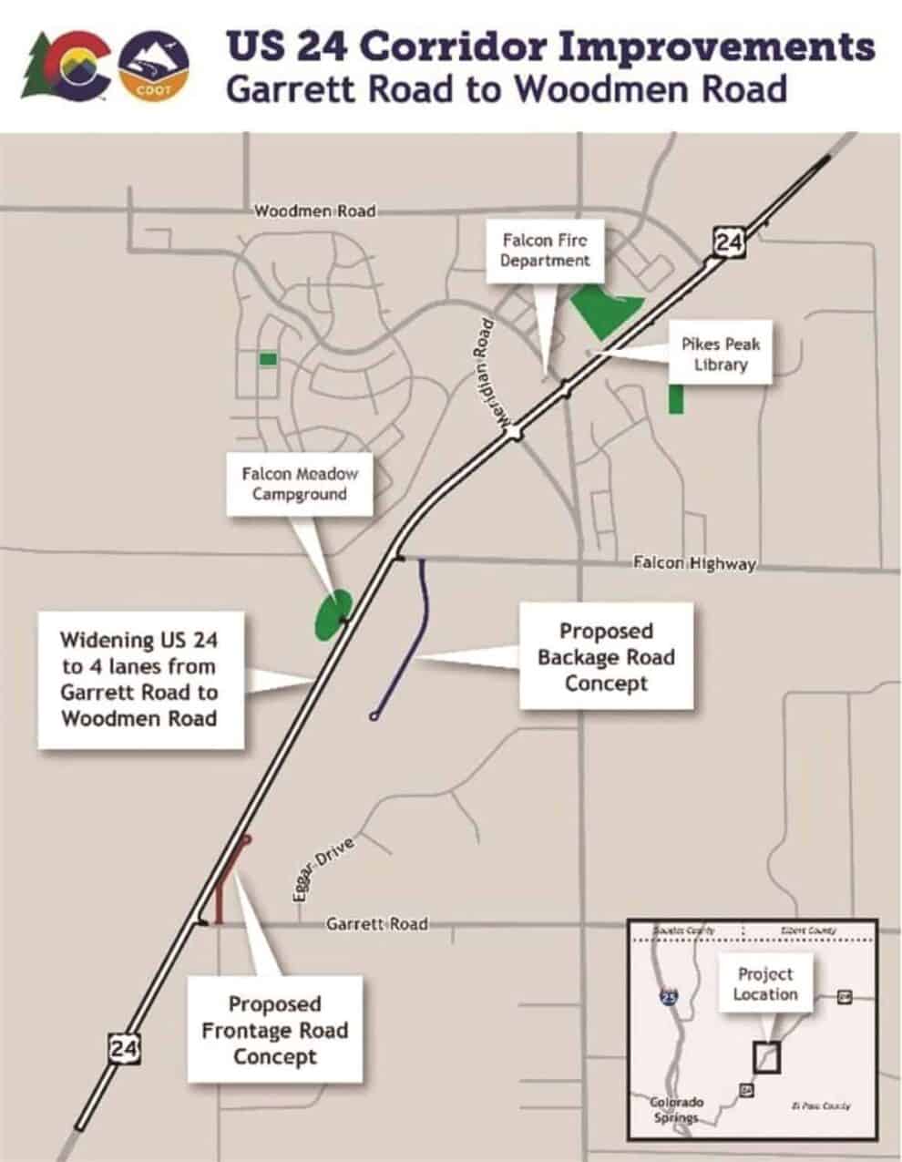 Map showing proposed improvements for US 24 from Garrett Road to Woodmen Road, including widening to 4 lanes and new frontage and backage roads. Highlights landmarks like Falcon Fire Department and Pikes Peak Library.