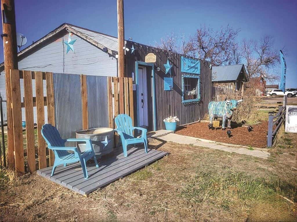 Small, rustic building with corrugated metal and wooden siding, decorated with blue stars, two blue chairs, and a metal tub on a wooden deck. A blue cow sculpture and other decorations are in the yard.