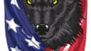 Illustration of a wolf's face wrapped in an american flag, depicted in vibrant red, white, and blue colors.