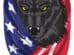 Illustration of a wolf's face wrapped in an american flag, depicted in vibrant red, white, and blue colors.