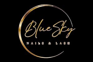 Logo for Blue Sky Nails & Lash, featuring the business name in cursive inside a golden circular design against a black background.