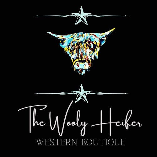 Logo for The Wooly Heifer Western Boutique featuring a colorful, stylized bull head with star accents and the boutique's name in cursive script.