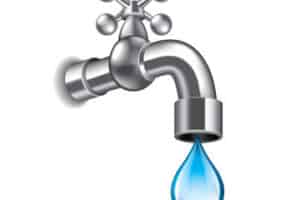 Illustration of a metallic water tap with a large blue drop of water hanging from the spout.