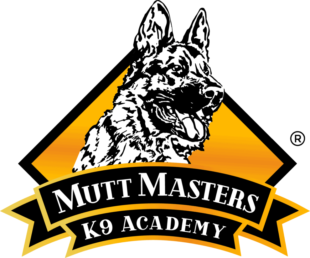 Logo for Mutt Masters K9 Academy featuring an illustration of a German Shepherd dog with text "Mutt Masters K9 Academy" on a ribbon below.