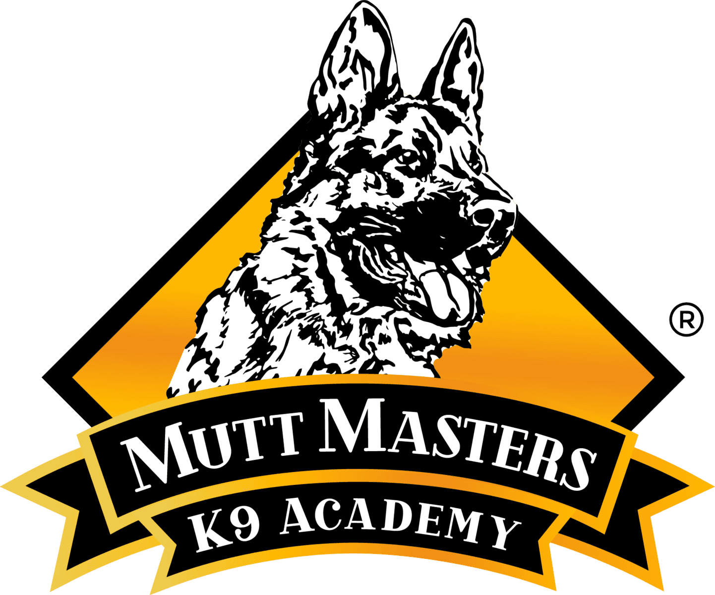 Logo for Mutt Masters K9 Academy featuring an illustration of a German Shepherd dog with text "Mutt Masters K9 Academy" on a ribbon below.