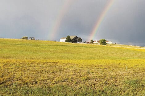 A grassy field with a building in the distance under a cloudy sky displaying a double rainbow.