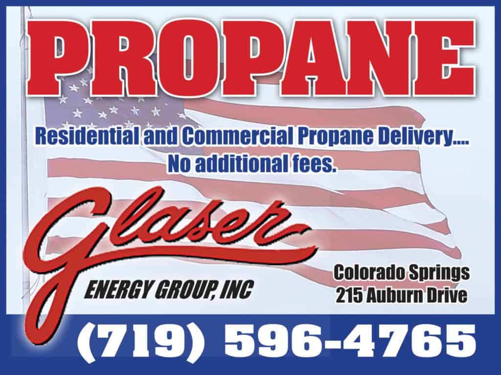 Advertisement for Glaser Energy Group, Inc. offering residential and commercial propane delivery with no additional fees. Located at 215 Auburn Drive, Colorado Springs. Contact: 719-596-4765.