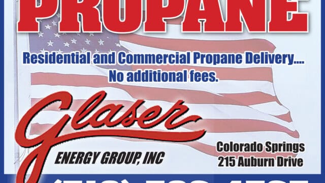 Advertisement for Glaser Energy Group, Inc. offering residential and commercial propane delivery with no additional fees. Located at 215 Auburn Drive, Colorado Springs. Contact: 719-596-4765.