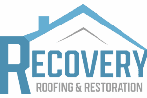 Recovery Roofing & Restoration logo featuring a stylized blue roof and chimney above the word "Recovery" in large text, with "Roofing & Restoration" in smaller text below.