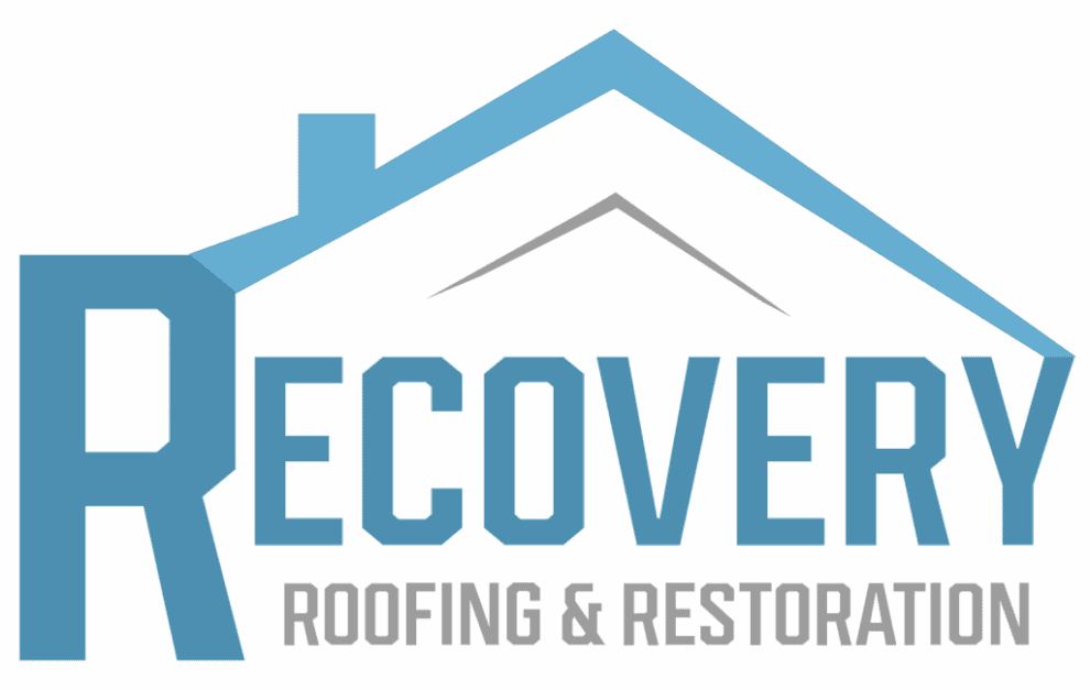 Recovery Roofing & Restoration logo featuring a stylized blue roof and chimney above the word "Recovery" in large text, with "Roofing & Restoration" in smaller text below.