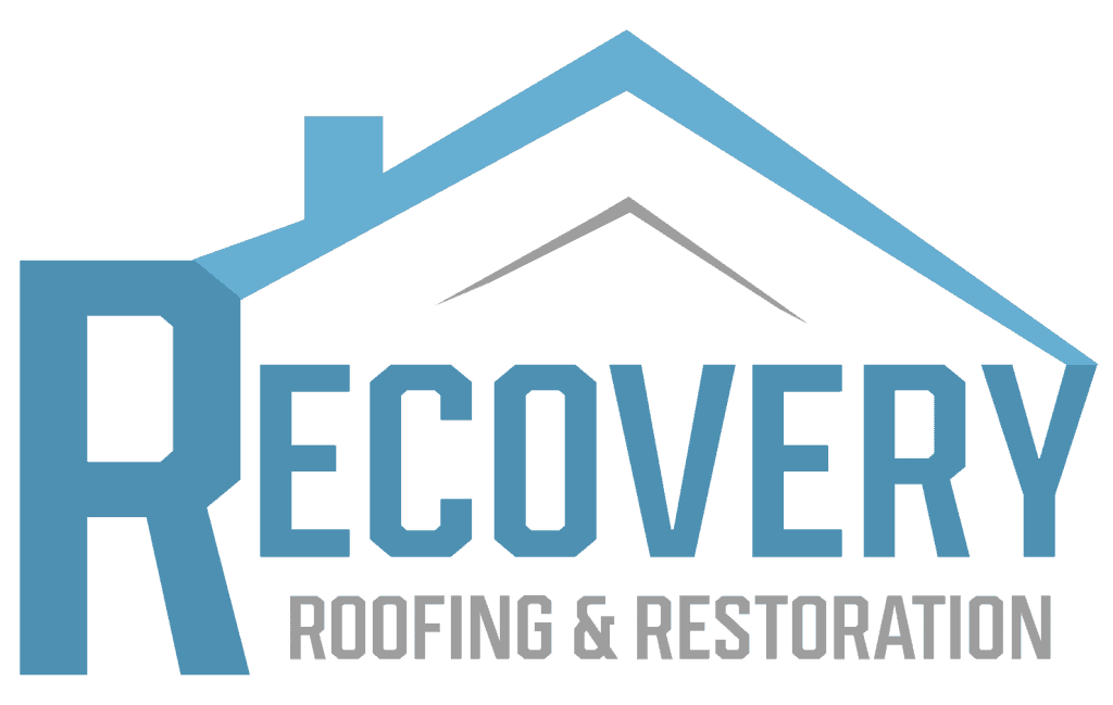 Recovery Roofing & Restoration logo featuring a stylized blue roof and chimney above the word "Recovery" in large text, with "Roofing & Restoration" in smaller text below.