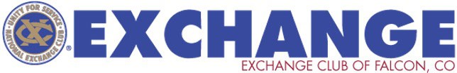 Logo of the Exchange Club of Falcon, CO, featuring the word "EXCHANGE" in large blue letters and the club's circular emblem on the left. "Exchange Club of Falcon, CO" is written below in smaller red letters.