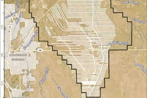 A map showing the Upper Black Squirrel Designated Basin Boundary with marked proposed flight lines, highways, and landmarks including Colorado Springs, Falcon, and Fountain.