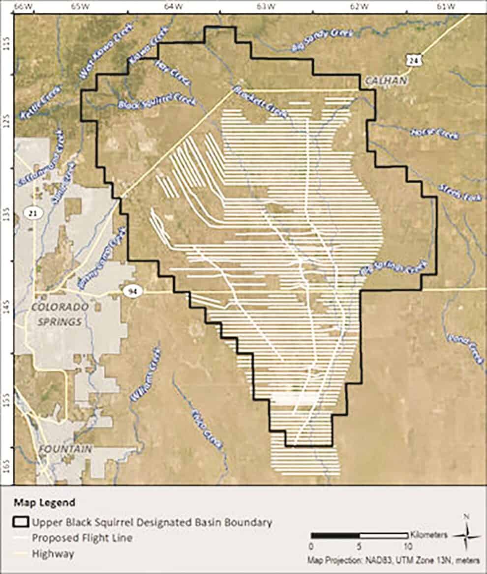 A map showing the Upper Black Squirrel Designated Basin Boundary with marked proposed flight lines, highways, and landmarks including Colorado Springs, Falcon, and Fountain.