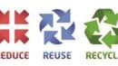 Illustration of three icons representing reduce (red), reuse (blue), and recycle (green) with corresponding text below each icon.