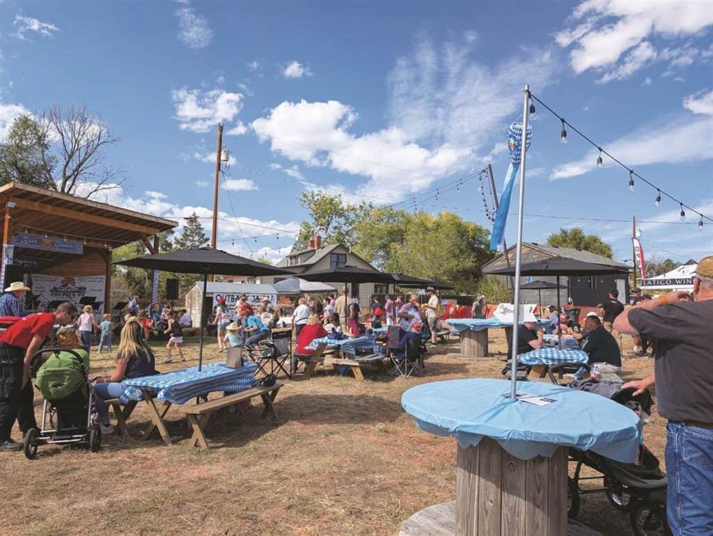 Outdoor festival with people gathered around picnic tables under clear skies. String lights and booths are visible, with trees and a house in the background.