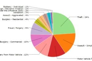 Pie chart depicting various crime categories: Theft 24%, Simple Assault 17%, Motor Vehicle Theft 13%, Burglary from Vehicle 12%, Fraud 9%, Commercial Burglary 10%, others make up the remainder.