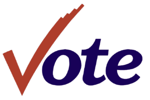 The image features the word "vote" in dark blue with a large red checkmark integrated into the "v.