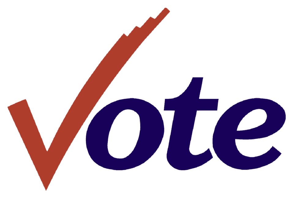 The image features the word "vote" in dark blue with a large red checkmark integrated into the "v.