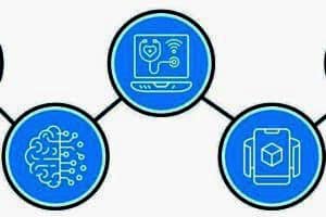 Five connected blue circles with icons depicting medical app, brain network, computer with stethoscope, smart device, and cloud server.