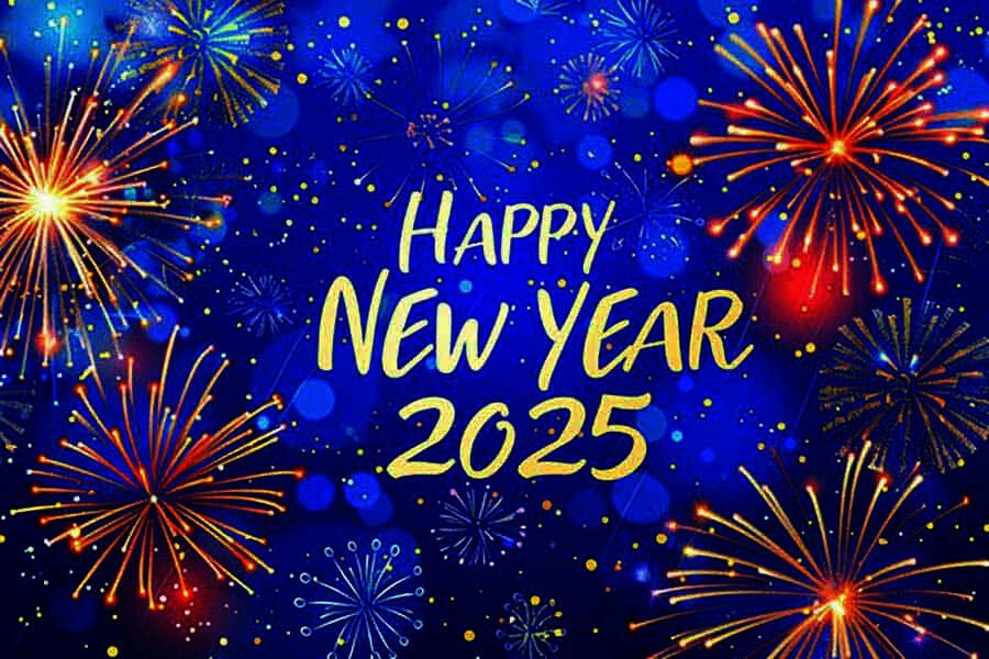 Colorful fireworks surround the text "Happy New Year 2025" on a blue background.