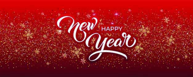 Red and gold glittery background with "Happy New Year" written in white, cursive letters.