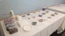 A table with assorted seeds in labeled plastic bags and bowls, alongside paper plates, cups, and plastic utensils, set against a light blue wall.
