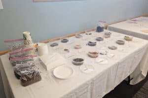 A table with assorted seeds in labeled plastic bags and bowls, alongside paper plates, cups, and plastic utensils, set against a light blue wall.