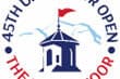 Logo for the 45th U.S. Senior Open at The Broadmoor, featuring a tower with a red flag and mountain outline.