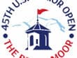 Logo for the 45th U.S. Senior Open at The Broadmoor, featuring a tower with a red flag and mountain outline.