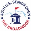 Logo for the 45th U.S. Senior Open at The Broadmoor, featuring a tower with a red flag and mountain outline.