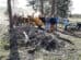 Several people operate and assist with a wood chipper as it processes a large pile of branches in a forested area on a sunny day.