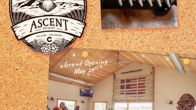 Corkboard with Ascent Brewery logo, beer taps, and a photo of a busy brewery interior; text reads "Grand Opening May 24th" in Falcon, Colorado.