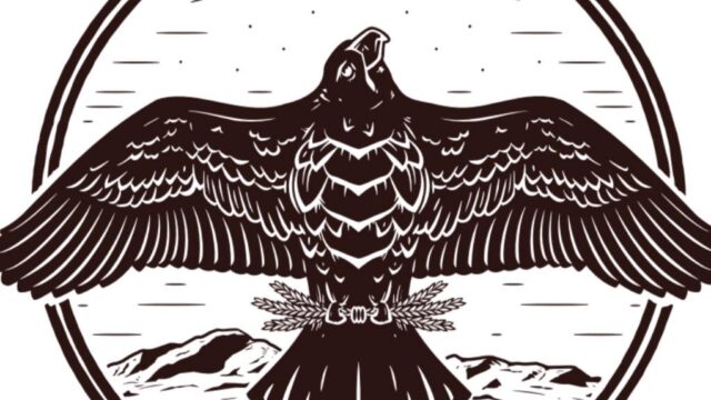 Logo for Ascent Brewery featuring a falcon with outstretched wings, mountains in the background, and the text "Falcon, Colorado.