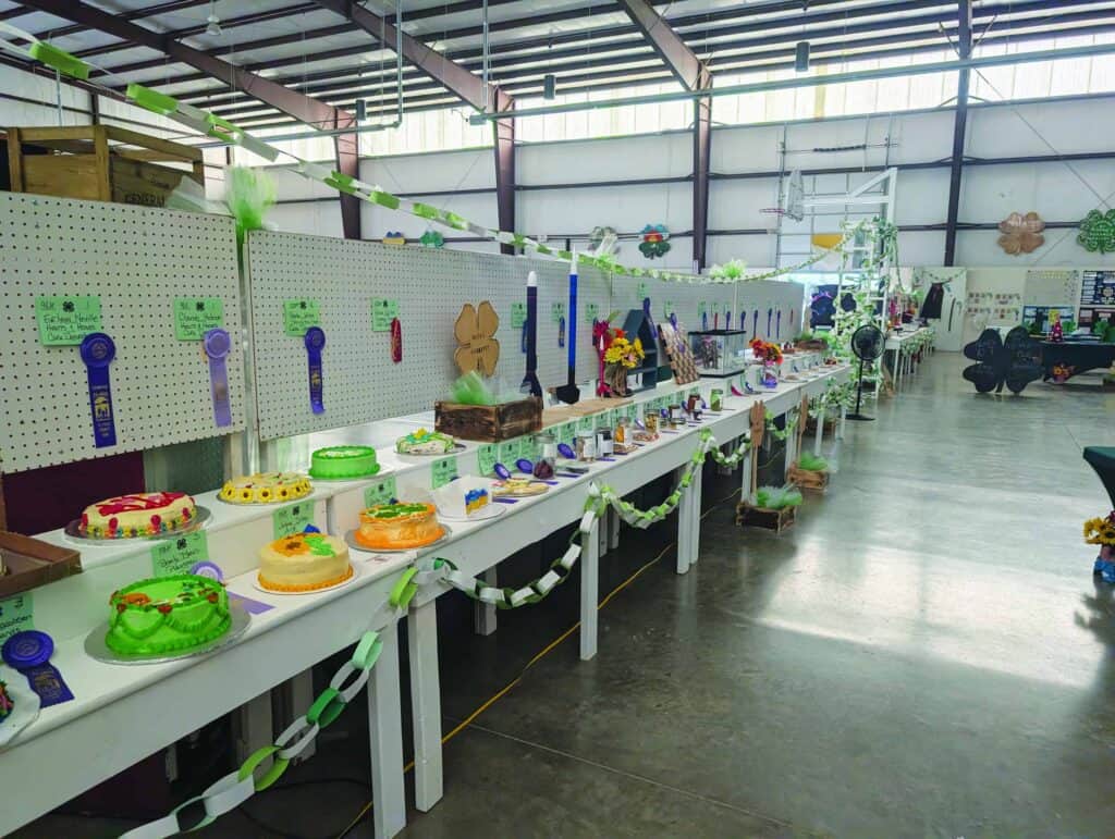 Decorated cakes and baked goods displayed on tables at a fair, with ribbons awarded to winners and green paper chains used as decorations.