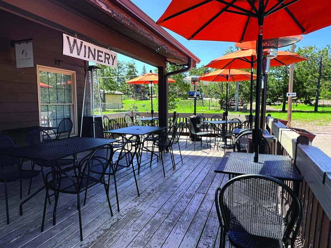 Outdoor patio at a winery with black metal tables and chairs, orange umbrellas, and a wooden deck, surrounded by greenery on a sunny day.