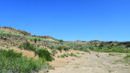 A dry, sandy landscape with sparse green vegetation, low hills in the background, and a clear blue sky overhead.