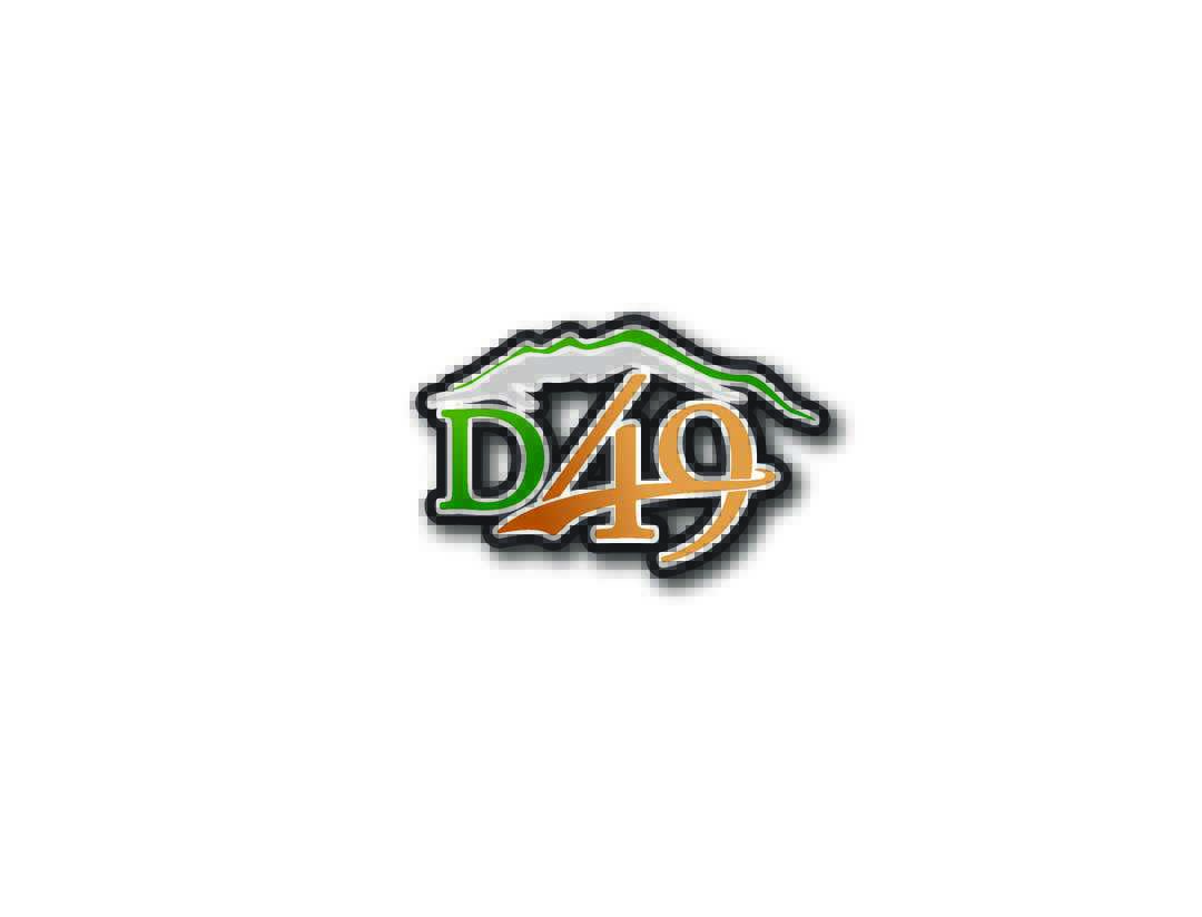 Logo with the text “D49”; the “4” and “9” are orange and overlapped, “D” is green, and a stylized green mountain line is above the text.