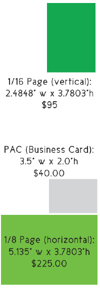 Comparison of three ad sizes and prices: 1/16 page vertical ($95), business card size ($40), and 1/8 page horizontal ($225), each with dimensions and a colored sample box.