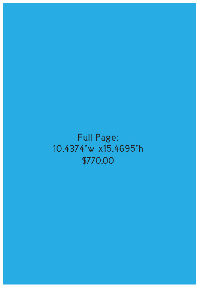 A blue rectangle with centered black text reading "Full Page: 10.4374”w x 15.4695”h $770.00".