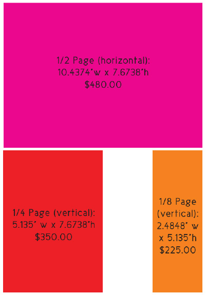 Three colored boxes display ad sizes and prices: 1/2 page horizontal for $480, 1/4 page vertical for $350, and 1/8 page vertical for $225.