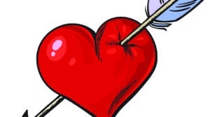 A red heart pierced by an arrow with a feathered end on a white background.