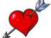 A red heart pierced by an arrow with a feathered end on a white background.